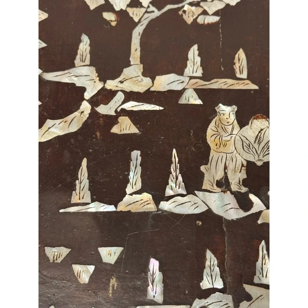Antique Chinese Inlaid Mother of Pearl Wood Tray Tree People Figure 9.25 x 9.25